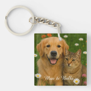 Porte-clés Animaux Amis Chien Papa Chat Maman Florale Photo C