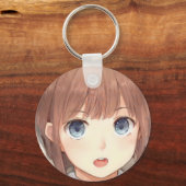 Porte-clés Anime brune fille aux yeux bleus surpris (Recto)