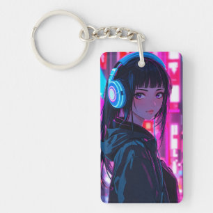Porte-clés Anime Girl portant un casque dans Cyberpunk Style 
