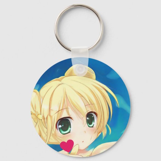 Porte-clés Anime manga blond vert yeux coeur fille (Recto)