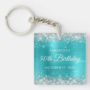 Porte-clés Anniversaire 50 ans Turquoise Bleu Paillettes Arge