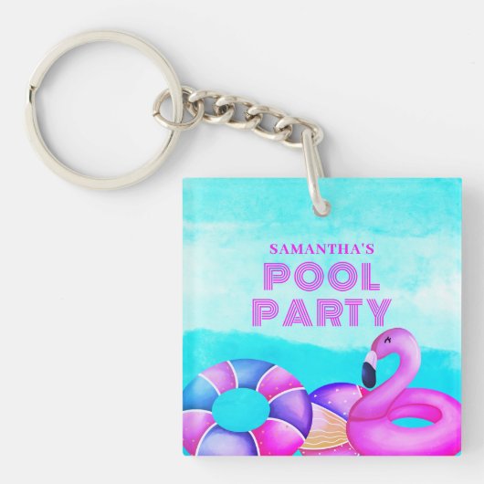 Porte-clés Anniversaire Pool Party Flamant rose rose Acryliqu (Devant)