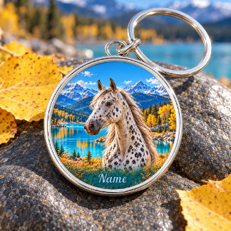 Porte-clés Appaloosa argenté personnalisé du lac de montagne