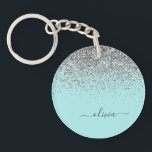 Porte-clés Aqua bleu Turquoise Parties scintillant argent Mon<br><div class="desc">Aqua Blue - Turquoise et Silver Sparkle Parties scintillant Script Monogramme Nom Porte - clé. Cela rend le cadeau parfait pour 16 ans,  mariage,  douche nuptiale,  anniversaire,  baby shower ou bachelorette pour quelqu'un qui aime le luxe glam et les styles chic.</div>