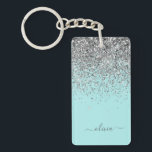 Porte-clés Aqua bleu Turquoise Parties scintillant argent Mon<br><div class="desc">Aqua Blue - Turquoise et Silver Sparkle Parties scintillant Script Monogramme Nom Porte - clé. Cela rend le cadeau parfait pour 16 ans,  mariage,  douche nuptiale,  anniversaire,  baby shower ou bachelorette pour quelqu'un qui aime le luxe glam et les styles chic.</div>