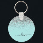 Porte-clés Aqua bleu Turquoise Parties scintillant argent Mon<br><div class="desc">Aqua Blue - Turquoise et Silver Sparkle Parties scintillant Script Monogramme Nom Keychains (Porte - clé). Cela rend le cadeau parfait pour 16 ans,  mariage,  douche nuptiale,  anniversaire,  baby shower ou bachelorette pour quelqu'un qui aime le luxe glam et les styles chic.</div>