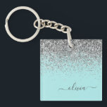 Porte-clés Aqua bleu Turquoise Parties scintillant argent Mon<br><div class="desc">Aqua Blue - Turquoise et Argent Faux Foil Parties scintillant étincelante Script Monogramme Nom Porte - clé. Cela rend le cadeau parfait pour 16 ans,  mariage,  douche nuptiale,  anniversaire,  baby shower ou bachelorette pour quelqu'un qui aime le luxe glam et les styles chic.</div>