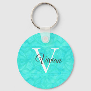 Porte-clés Aqua Blue Watercolor Monogram Name