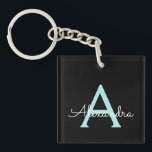 Porte-clés Aqua Teal Blue Script Girly Monogram<br><div class="desc">Noir et Aqua Bleu Turquoise Simple Script Monogramme Nom Porte - clé. Cela rend le cadeau parfait pour 16 ans,  mariage,  douche nuptiale,  anniversaire,  baby shower ou bachelorette pour quelqu'un qui aime le luxe glam et les styles chic.</div>