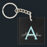 Porte-clés Aqua Teal Blue Script Girly Monogram<br><div class="desc">Noir et Aqua Bleu Turquoise Simple Script Monogramme Nom Porte - clé. Cela rend le cadeau parfait pour 16 ans,  mariage,  douche nuptiale,  anniversaire,  baby shower ou bachelorette pour quelqu'un qui aime le luxe glam et les styles chic.</div>