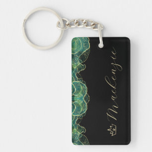 Porte-clés Aqua Vert et Or Élégant Script Personnalisé
