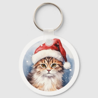 Porte-clés Aquarelle adorable jolie chatte de Noël belle