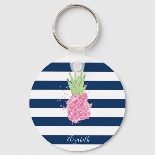 Porte-clés Aquarelle ananas Tropical, Bleu marine rayé (Recto)