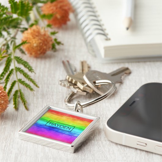 Porte-clés Aquarelle arc-en-ciel rayures personnalisées (Côté)