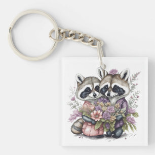 Porte-clés Aquarelle Beau Raccoon Couple Avec Fleurs