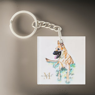 Porte-clés Aquarelle berger allemand Malinois Monogramme