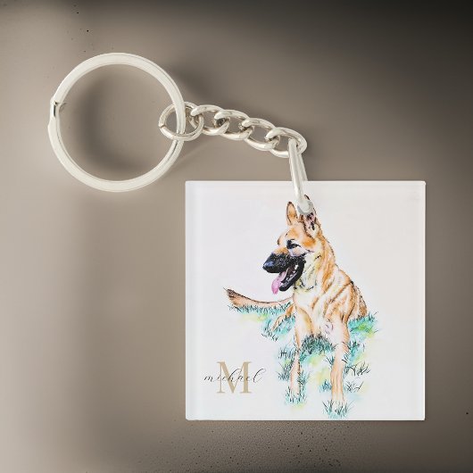 Porte-clés Aquarelle berger allemand Malinois Monogramme