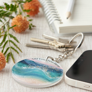 Porte-clés Aquarelle Bleu Blanc Océan Vague Personnalisée Nom