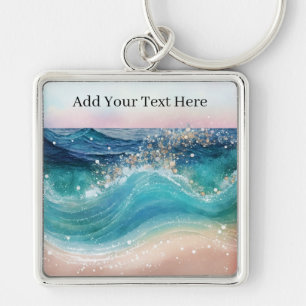Porte-clés Aquarelle Bleu Blanc Océan Vague Personnalisée Nom