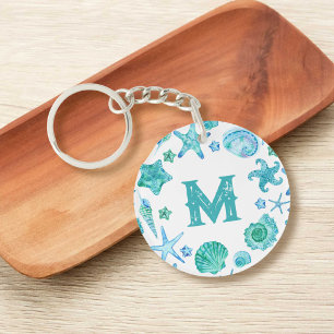 Porte-clés Aquarelle Bleu Coques de la mer et Monogramme d'ét