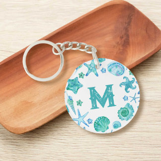 Porte-clés Aquarelle Bleu Coques de la mer et Monogramme d'ét