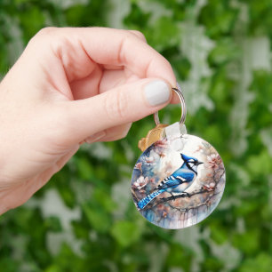 Porte-clés Aquarelle bleu Jay Cherry Blossoms