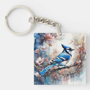 Porte-clés Aquarelle bleu Jay Cherry Blossoms