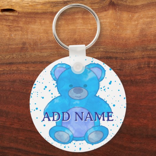 Porte-clés Aquarelle bleu Teddy Bear Nom personnalisé (Recto)