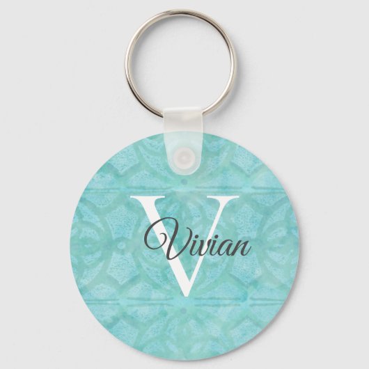 Porte-clés Aquarelle bleu turquoise Nom du monogramme (Recto)