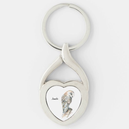 Porte-clés Aquarelle Chouette Oiseau Nature Art Nom personnal (Devant)