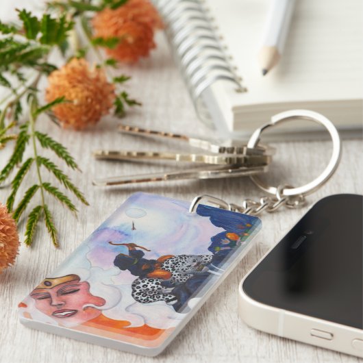 Porte-clés Aquarelle cupide équitation chat Mère déesse rêve  (Devant droit)