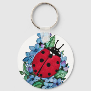 Porte-clés Aquarelle Cute Ladybird Avec Fleurs Bleues Sauvage