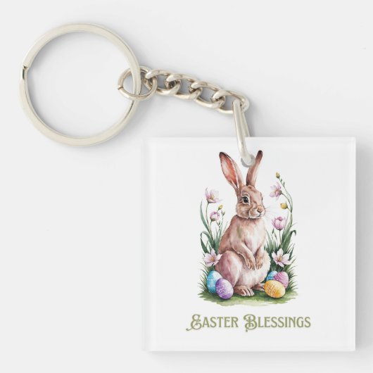 Porte-clés Aquarelle de Pâques Lapin & Fleurs (Devant)