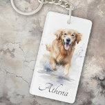 Porte-clés Aquarelle de récupération d'or nom personnalisé te<br><div class="desc">Clavier avec une belle aquarelle peinture d'un récupérateur d'or courant à travers l'eau et texte personnalisable,  par exemple un nom.</div>