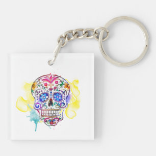 Porte-clés Aquarelle du crâne de sucre Jour de la mort coloré