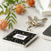 Porte-clés Aquarelle fleur sauvage Floral botanique noir (Côté)