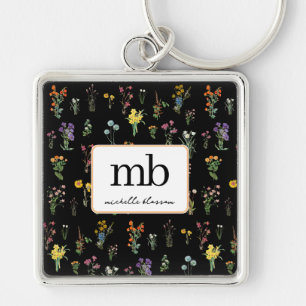 Porte-clés Aquarelle fleur sauvage Floral botanique noir