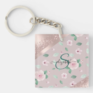 Porte-clés Aquarelle Fleurs Rose or Monogramme