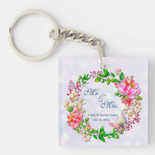 Porte-clés Aquarelle Fleurs roses et papillon Plaid de printe