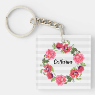 Porte-clés Aquarelle Fleurs rouges et roses Cercle de couronn