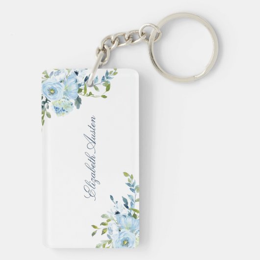 Porte-clés Aquarelle Floral Blanc Bleu Écriture Nom (Dos)