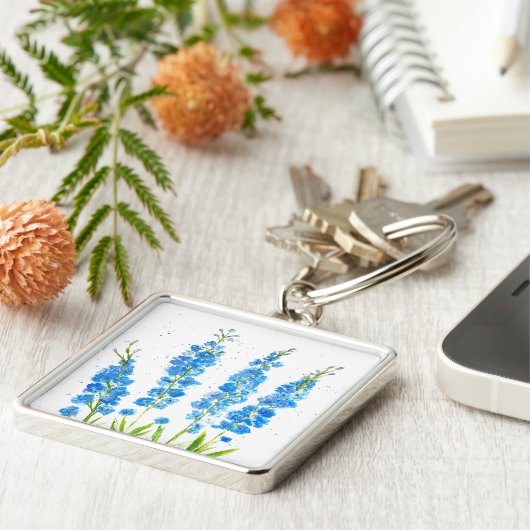 Porte-clés Aquarelle florale de delphinium bleu élégant rusti (Côté)