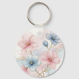Porte-clés Aquarelle Florale Rose Bleu Élégant