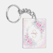 Porte-clés Aquarelle florale rose monogramme Élégante (Devant gauche)