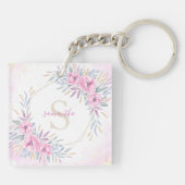 Porte-clés Aquarelle florale rose monogramme Élégante (Dos)
