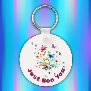 Porte-clés Aquarelle florale simple Monogramme Abeille sur bl