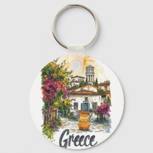 Porte-clés Aquarelle Grèce : Scène de village avec fleurs