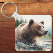 Porte-clés Aquarelle Grizzli Ours Faune Nature Art (Recto)