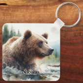 Porte-clés Aquarelle Grizzli Ours Faune Nature Art (Verso)