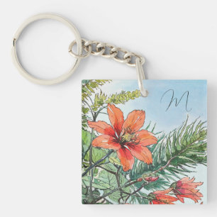 Porte-clés Aquarelle illustrée Botanique Orange Floral